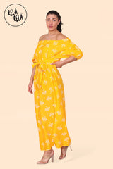 Floral Bardot Puff Sleeve Belted Maxi Dress in Yellow Detail