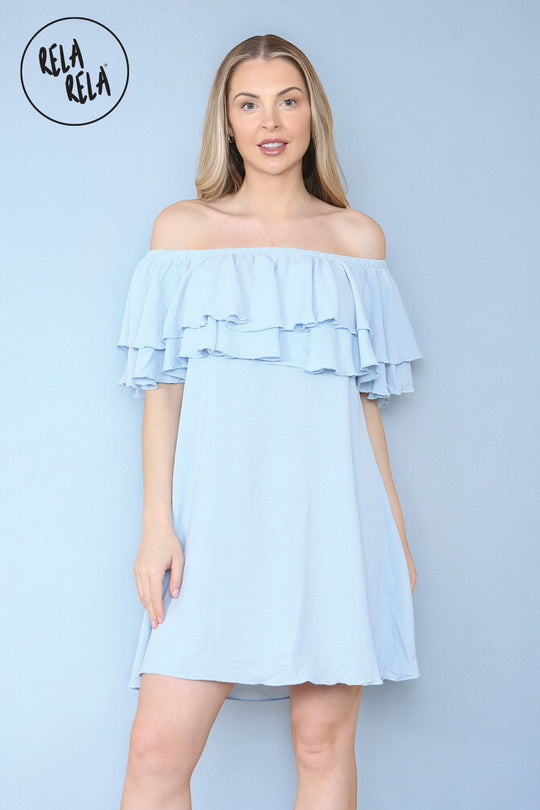Double Frill Off Shoulder Bardot Swing Holiday Dress in Baby Blue