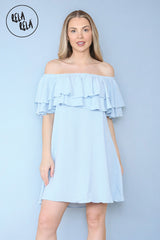Double Frill Off Shoulder Bardot Swing Holiday Dress in Baby Blue frontDouble Frill Off Shoulder Bardot Swing Holiday Dress in Baby Blue front