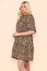 Leopard Print Button Front Three Quarter Puff Sleeve Dress in Brown side