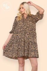 Leopard Print Button Front Three Quarter Puff Sleeve Dress in Brown front 2