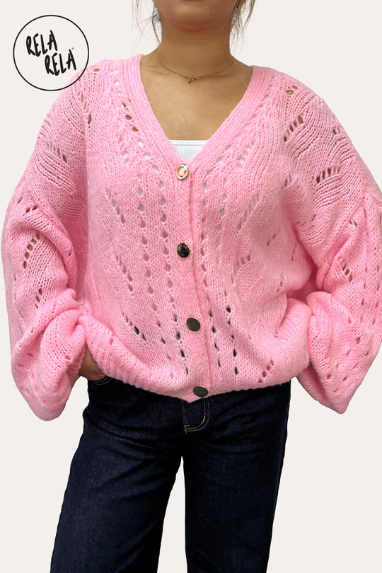 Oversized Button Up Slouchy Balloon Sleeve Cardigan in Baby Pink