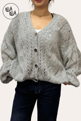 Oversized Button Up Slouchy Balloon Sleeve Cardigan in Grey