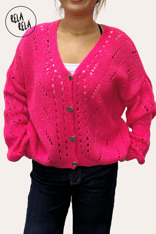 Oversized Button Up Slouchy Balloon Sleeve Cardigan in Hot Pink
