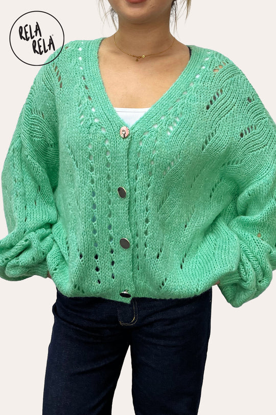 Oversized Button Up Slouchy Balloon Sleeve Cardigan in Turquoise