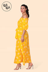Floral Bardot Puff Sleeve Belted Maxi Dress in Yellow Side