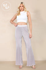 High Waisted Crinkle Plisse Flared Trousers in Grey front