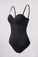 Flat product image of the black sweetheart neckline shapewear bodysuit with built-in padded cups and adjustable straps.