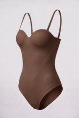 Flat product image of the chocolate sweetheart neckline shapewear bodysuit with built-in padded cups and adjustable straps.