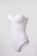 Flat product image of the white sweetheart neckline shapewear bodysuit with built-in padded cups and adjustable straps.