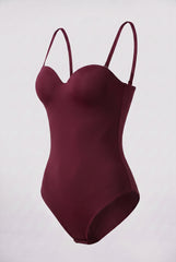 Flat product image of the burgundy sweetheart neckline shapewear bodysuit with built-in padded cups and adjustable straps.