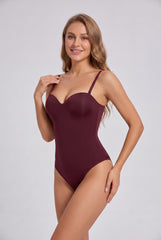 Front model view of the RELA RELA burgundy sweetheart neckline sculpting shapewear bodysuit with adjustable straps.