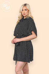 Polka Dot Gathered Waist Shirt Dress in Black side