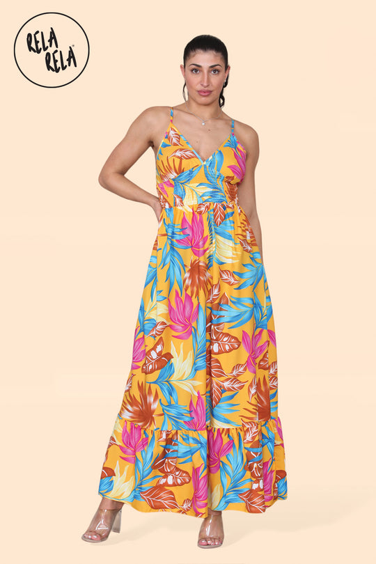 Floral Ruffle Hem Cami Maxi Dress with Shirred Back in Yellow