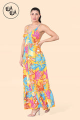 Floral Ruffle Hem Cami Maxi Dress with Shirred Back in Yellow Floral Side