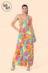 Floral Ruffle Hem Cami Maxi Dress with Shirred Back in Yellow Floral Detail