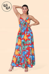 Floral Ruffle Hem Cami Maxi Dress with Shirred Back in Red Detail