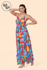 Floral Ruffle Hem Cami Maxi Dress with Shirred Back in Red Side
