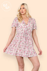 Flared Sleeve Floral Tie Waist Dress in Beige front 2