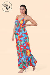 Floral Ruffle Hem Cami Maxi Dress with Shirred Back in Red Front