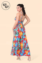 Floral Ruffle Hem Cami Maxi Dress with Shirred Back in Red Back