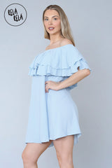 Double Frill Off Shoulder Bardot Swing Holiday Dress in Baby Blue side 