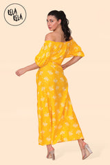 Floral Bardot Puff Sleeve Belted Maxi Dress in Yellow Back