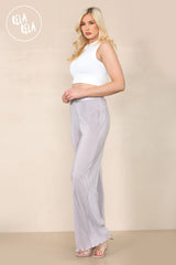 High Waisted Crinkle Plisse Flared Trousers in Grey side