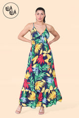 Floral Ruffle Hem Cami Maxi Dress with Shirred Back in Navy Detail