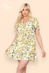 Flared Sleeve Floral Tie Waist Dress in Lemon front 2