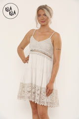 Strappy Crochet Detailed Skater Mini Dress in Beige