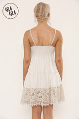 Strappy Crochet Detailed Skater Mini Dress in Beige