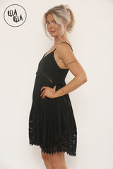 Strappy Crochet Detailed Skater Mini Dress in Black