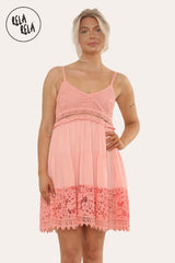 Strappy Crochet Detailed Skater Mini Dress in Coral