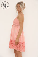 Strappy Crochet Detailed Skater Mini Dress in Coral