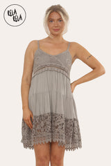 Strappy Crochet Detailed Skater Mini Dress in Toned Grey