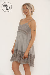 Strappy Crochet Detailed Skater Mini Dress in Toned Grey