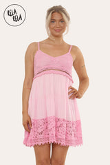 Strappy Crochet Detailed Skater Mini Dress in Pink