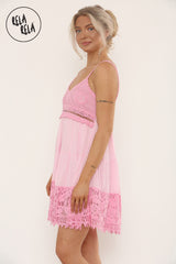 Strappy Crochet Detailed Skater Mini Dress in Pink