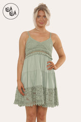 Strappy Crochet Detailed Skater Mini Dress in Sage