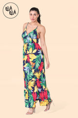 Floral Ruffle Hem Cami Maxi Dress with Shirred Back in Navy Side