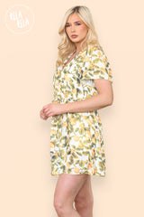 Flared Sleeve Floral Tie Waist Dress in Lemon side
