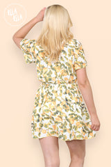 Flared Sleeve Floral Tie Waist Dress in Lemon back