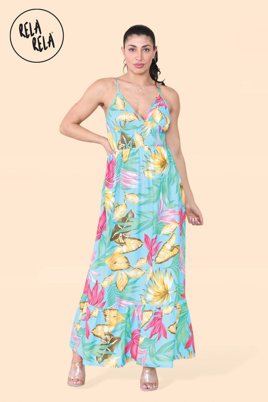 Floral Ruffle Hem Cami Maxi Dress with Shirred Back in Green Floral