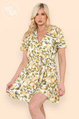 Flared Sleeve Floral Tie Waist Dress in Lemon front