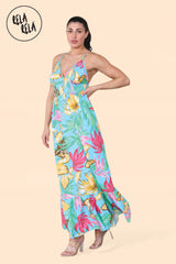 Floral Ruffle Hem Cami Maxi Dress with Shirred Back in Green Floral Detail
