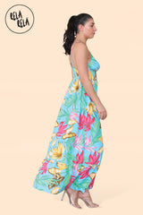 Floral Ruffle Hem Cami Maxi Dress with Shirred Back in Green Floral Side