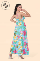 Floral Ruffle Hem Cami Maxi Dress with Shirred Back in Green Floral Back