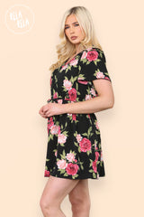 Flared Sleeve Floral Tie Waist Dress in Black side