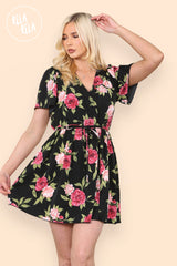 Flared Sleeve Floral Tie Waist Dress in Black front